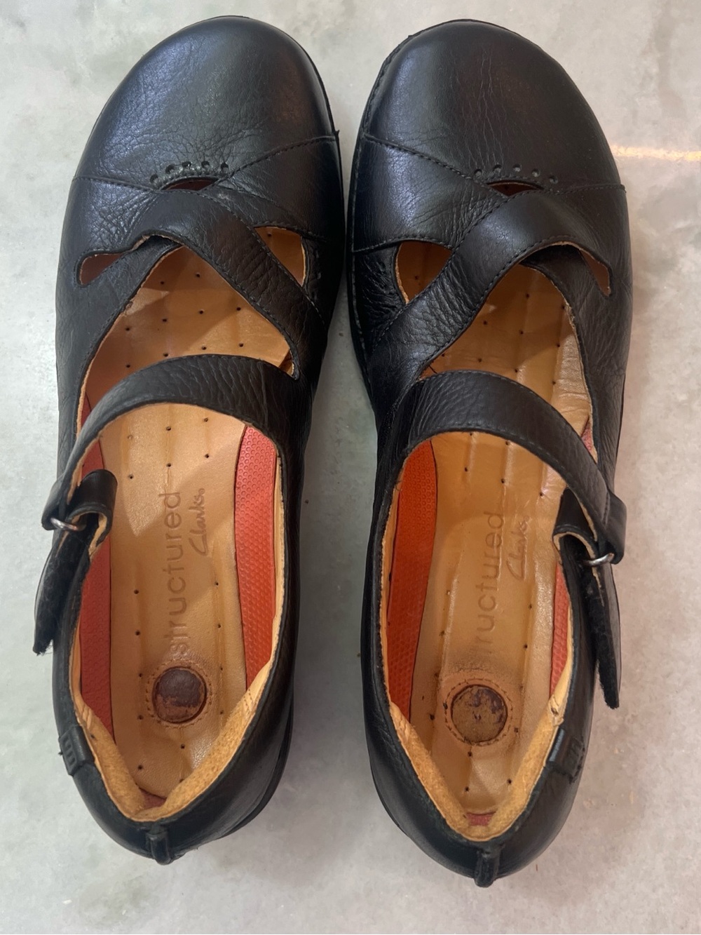 Clarks Black Leather Mary Jane Flats with Buckle Strap
